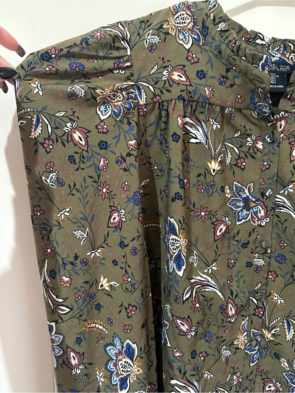 Rachel Zoe Large Olive Floral Boho Peasant Puff Sleeve Button-Front Blouse - Picture 2 of 6
